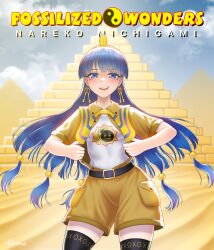 1girl absurdres belt belt_buckle black_thighhighs blue_eyes blue_hair blunt_bangs brown_shirt brown_shorts buckle buttons desert earrings english_text facial_mark facial_tattoo fossilized_wonders gold_buckle gold_earrings grummsed hair_bobbles hair_ornament headpiece highres jewelry key_earrings looking_at_viewer michigami_nareko open_mouth outdoors pyramid_(structure) serious_sam shirt shorts solo tattoo thighhighs touhou unbuttoned white_shirt