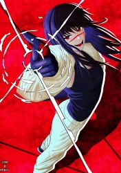 1girl black_hair black_tank_top chainsaw_man facial_scar highres jacket long_hair looking_at_viewer mccheese open_mouth pants pointing pointing_at_viewer red_background red_eyes ringed_eyes scar scar_on_cheek scar_on_face scar_on_nose shadow solo standing tank_top white_jacket white_pants yoru_(chainsaw_man)