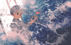1boy black_eyes bright_pupils closed_mouth clownfish collared_shirt commentary_request cowboy_shot dark-skinned_male dark_skin dress_shirt dutch_angle expressionless fingernails fish floating_hair highres jimini_shijimi long_sleeves male_focus original outstretched_arm parted_bangs shirt short_hair solo standing underwater water waves white-haired_man_(jimini_shijimi) white_hair white_pupils white_shirt window