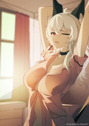1girl absurdres akaze07 alternate_costume arms_up artist_name bedroom black_choker black_horns black_tail blurry blurry_background breasts button_gap choker commentary curled_horns curtains english_commentary film_grain highres horns indoors large_breasts looking_at_viewer one_eye_closed open_mouth pink_shirt red_eyes shirt solo stretching upper_body window wuthering_waves yawning zani_(wuthering_waves)