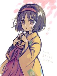 1girl black_eyes black_hair erika_(pokemon) eyelashes hairband hakama hakama_skirt highres interlocked_fingers japanese_clothes long_sleeves looking_at_viewer mipokec nintendo parted_lips pokemon pokemon_frlg red_hairband red_hakama short_hair skirt solo twitter_username wide_sleeves