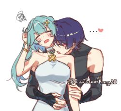 ... 1boy 1girl aqua_hair arm_at_side armor bare_shoulders behind_another black_bridal_gauntlets blunt_bangs blunt_ends blush bracelet bridal_gauntlets closed_eyes collarbone couple covered_collarbone cowlick dress eyelashes eyeliner eyeshadow facing_another facing_viewer faruzan_(genshin_impact) genshin_impact gold gold_ring hair_intakes hair_ornament hand_on_another&#039;s_arm hand_on_another&#039;s_stomach hand_on_own_head hand_up head_on_another&#039;s_shoulder head_tilt heads_together heart hetero highres japanese_armor jewelry kote kurokote licking_shoulder long_hair makeup middle_ring open_mouth ravtuneofrang39 red_eyeliner red_eyeshadow scaramouche_(genshin_impact) sidelocks squiggle sweatdrop tongue tongue_out twintails twitter_username upper_body wanderer_(genshin_impact) white_background white_dress wispy_bangs x_hair_ornament