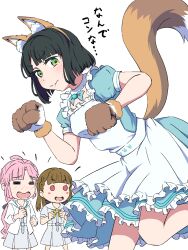 3: 3girls :d =_= ahoge animal_ear_fluff animal_ear_hairband animal_ears animal_hands anyoji_hime apron black_hair black_ribbon blue_dress blunt_bangs blunt_ends blush braid breasts brown_hair center-flap_bangs closed_mouth detached_collar dress fake_animal_ears feet_out_of_frame fox_ears frilled_apron frilled_dress frills gloves green_eyes hair_ribbon hairband hasu_no_sora_school_uniform highres hood hooded_jacket jacket kachimachi_kosuzu leg_up link!_like!_love_live! long_hair looking_at_viewer love_live! maid maid_apron matsu_038 medium_breasts medium_dress momose_ginko momose_ginko_(animal_cafe) multi-tied_hair multiple_girls neckerchief nose_blush official_alternate_costume open_clothes open_jacket open_mouth paw_gloves pink_hair pleated_dress ponytail puffy_short_sleeves puffy_sleeves red_eyes ribbon sailor_collar sailor_dress school_uniform short_hair short_sleeves side_braids sidelocks simple_background smile straight_hair summer_uniform sweatdrop swept_bangs translation_request v-shaped_eyebrows very_long_hair virtual_youtuber white_apron white_background white_jacket white_sailor_collar yellow_neckerchief