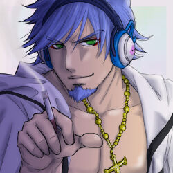 1boy blue_hair cigarette closed_mouth coat commentary_request cross cross_necklace eyeshadow facial_hair goatee green_eyes headphones holding holding_cigarette hood hooded_coat jewelry looking_at_viewer makeup male_focus monk_(ragnarok_online) necklace open_clothes open_coat pectoral_cleavage pectorals ragnarok_online red_eyeshadow short_hair simpatiaein simple_background smile smoke smoking solo upper_body v-shaped_eyebrows white_background white_coat