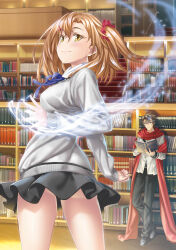 1boy 1girl absurdres ass bare_legs black_pants blue_eyes book bookshelf brown_hair clenched_hand cover cover_page dress_shoes grey_jacket hair_ornament hair_scrunchie hairclip highres holding holding_book jacket kannatsuki_noboru katou_rina leaning_back leaning_on_object library light_trail long_scarf looking_back magic magical_explorer medium_hair miniskirt neck_ribbon novel_cover official_art pants reading red_scarf ribbon scarf scrunchie second-party_source short_hair side_ponytail skirt smile stairs standing sweater takioto_kousuke yellow_eyes
