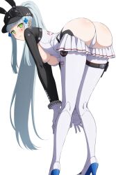 1girl alternate_costume ass ass_focus baseball_cap bent_over blush bodysuit boots breasts cameltoe embarrassed from_behind girls&#039;_frontline girls&#039;_frontline_2:_exilium gloves green_eyes hair_ornament hairclip hat high_heel_boots high_heels highres hk416_(girls&#039;_frontline) huge_ass klukai_(girls&#039;_frontline_2) klukai_(speed_star)_(girls&#039;_frontline_2) large_breasts leaning leaning_forward leotard long_hair looking_at_viewer ponytail raygun19 sideboob solo tattoo teardrop_tattoo thigh_boots very_long_hair white_hair