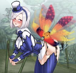 1girl absurdres animal armor bestiality bottomless breasts bug flying grey_hair hat headband highres interspecies looking_back monster_hunter_(series) open_mouth outdoors red_eyes sex sex_from_behind short_hair tuoni vaginal