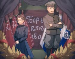 Rule 34 | 1boy, 1girl, black boots, black shirt, blue skirt, boots, braid, brown hair, buttons, communist flag, crossed arms, facial hair, grey hat, grey jacket, hat, hearts of iron, highres, jacket, kaiserreich, kougekiryoku, military uniform, monocle, mustache, peaked cap, pleated skirt, russian flag, russian text, shirt, skirt, wheat