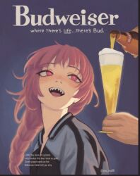 +_+ 1girl 1other absurdres alcohol artist_name ayu_mu00 beer black_jacket blush bocchi_the_rock! budweiser commentary english_text glass highres hiroi_kikuri jacket looking_back looking_up multicolored_jacket nose_blush open_mouth pink_eyes poster_parody purple_hair sharp_teeth solo_focus teeth track_jacket turning_head twitter_username two-tone_jacket upper_teeth_only white_jacket