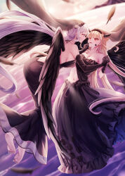 2girls azusa_aiuchi_(2525dayon) backless_dress backless_outfit barefoot black_dress black_gloves blonde_hair breasts bridal_veil closed_mouth commentary_request dress earrings elbow_gloves eye_contact falling_feathers feathered_wings feathers gloves hand_on_another&#039;s_face hand_on_another&#039;s_neck highres holding_hands horns incest interlocked_fingers jewelry large_breasts long_hair looking_at_another midair multiple_girls original parted_lips purple_eyes purple_hair red_eyes siblings sideboob sisters smile soles toes veil wedding_dress wife_and_wife wings yuri