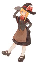 1girl apron artist_request black_capelet black_gloves black_hat black_shoes black_skirt black_vest blonde_hair blue_eyes blush_stickers bow bowtie braid bright_pupils brown_apron buttons capelet closed_mouth commission cookie_(touhou) elbow_gloves full_body gloves hair_bow hand_on_headwear hat hat_bow highres kirisame_marisa mary_janes meguru_(cookie) pantyhose red_bow red_bowtie second-party_source shoes short_hair side_braid simple_background single_braid skirt skirt_set solo standing touhou transparent_background vest waist_apron white_pantyhose white_pupils witch_hat
