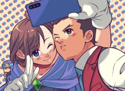 1girl 2boys ;) ace_attorney ahoge apollo_justice apollo_justice:_ace_attorney arm_up beanie beard_stubble black_dress black_hair black_hoodie blue_cape blue_eyes blue_hat blue_necktie blush_stickers breast_pocket brooch brown_eyes brown_hair cape cellphone cheek-to-cheek cheek_press chibi closed_mouth clothes_writing collarbone collared_shirt commentary_request dress facial_hair finger_gun forked_eyebrows gem gloves green_gemstone hand_up hat heads_together holding holding_phone hood hood_down hoodie jewelry jitome lapel_pin lapels looking_at_phone looking_back medium_hair multiple_boys necktie one_eye_closed parted_lips phoenix_wright phone pin pocket polka_dot polka_dot_background profile ragi_(od6fine) red_scarf red_vest scarf selfie shirt short_hair side-by-side single_blush_sticker smartphone smile stubble taking_picture trucy_wright upper_body v vest white_gloves white_shirt yellow_background