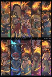 Rule 34 | 3girls, 6+boys, armor, backwards hat, bare shoulders, barry (pokemon), baseball cap, behind another, black background, black bra, black cape, black hair, black jacket, black pants, black sports bra, black thighhighs, blaziken, blonde hair, blue eyes, blue fire, blue jacket, blue necktie, blue oak, blue shirt, blue shorts, blue sweater, bra, breath weapon, breathing fire, brown pants, calem (pokemon), cape, cargo shorts, charizard, cinderace, clenched hand, commentary, crocalor, crossed arms, delphox, double bun, dragon, dress, dress shirt, dynamic pose, elio (pokemon), embers, emboar, ethan (pokemon), facing to the side, facing viewer, fighting stance, fire, flame-tipped tail, florian (pokemon), gen 1 pokemon, gen 2 pokemon, gen 3 pokemon, gen 4 pokemon, gen 5 pokemon, gen 6 pokemon, gen 7 pokemon, gen 8 pokemon, gloria (pokemon), goggles, goggles on head, goggles on headwear, gold armor, green eyes, green hat, green hood, green hoodie, green scarf, grey eyes, grey hat, grey pants, grey shirt, grey sweater, grey tank top, hair bun, hat, highres, hilbert (pokemon), holding, holding pole, hood, hoodie, incineroar, infernape, jacket, khaki pants, light particles, long bangs, long sleeves, looking at viewer, may (pokemon), mega charizard x, mega pokemon, mokorei, monkey, multiple boys, multiple girls, necktie, nintendo, open hand, open mouth, orange jacket, outstretched arm, outstretched arms, own hands together, pants, parted bangs, parted hair, pink dress, poke ball, poke ball (basic), pokemon, pokemon (creature), pokemon adventures, pokemon bw, pokemon bw2, pokemon dppt, pokemon hgss, pokemon rgby, pokemon sm, pokemon sv, pokemon swsh, pokemon xy, pole, ponytail, popped collar, raised fists, red eyes, red hat, red hoodie, red ribbon, red tank top, ribbon, scarf, shirt, shorts, shouting, skirt, smoke, spiked hair, sports bra, spread wings, striped clothes, striped jacket, sun hat, sweater, sweatpants, swept bangs, tail, tam o&#039; shanter, tank top, thighhighs, twitter username, typhlosion, underwear, watermark, yellow eyes, yellow skirt