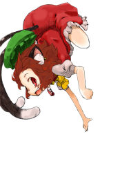 Rule 34 | 1girl, animal ears, bow, bowtie, brown hair, cat ears, cat girl, cat tail, chen, commentary request, dress, fang, frilled dress, frills, full body, green hat, hat, jumping, kazuiyun, looking at viewer, mob cap, multiple tails, open mouth, red dress, red eyes, short hair, simple background, smile, solo, tail, touhou, two tails, white background, yellow bow, yellow bowtie