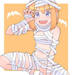 1girl :d alice_margatroid bandages bat_(animal) blonde_hair blue_eyes blush claw_pose commentary cookie_(touhou) dutch_angle foot_out_of_frame full_body halloween halloween_costume highres looking_at_viewer mummy_costume naked_bandage navel open_mouth orange_background pyukasshori red_nails sharp_teeth short_hair smile solo squatting taisa_(cookie) teeth touhou