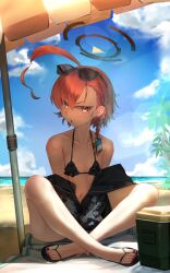 1girl absurdres ahoge bare_legs bare_shoulders beach beach_umbrella bikini black_bikini black_nails blue_archive blush braid breasts cooler eyewear_on_head halo highres looking_at_viewer mole mole_under_eye neru_(blue_archive) off_shoulder official_alternate_costume open_mouth orange_hair red_eyes short_hair single_braid slippers small_breasts solo sunglasses swimsuit umbrella walking_nakta