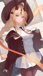 1girl absurdres alternate_costume aoi_tooru arknights black_headwear black_jacket black_necktie black_pantyhose blonde_hair braid breasts collared_shirt cowboy_shot dragon_girl dragon_horns green_eyes highres holding holding_notebook horns jacket long_hair looking_at_viewer medium_breasts necktie notebook off_shoulder open_clothes open_jacket pantyhose parted_lips pleated_skirt reed_(arknights) reed_the_flame_shadow_(arknights) reed_the_flame_shadow_(curator)_(arknights) shirt skirt skirt_set solo suspender_skirt suspenders thighs white_shirt white_skirt