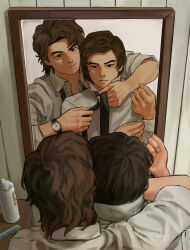 Rule 34 | 2boys, adjusting sleeves, bags under eyes, behind another, black eyes, black necktie, brown hair, c-fish, collared shirt, comb, curtained hair, fingernails, from behind, front-to-back, furrowed brow, hair spray, highres, jonathan byers, light frown, long sleeves, looking at mirror, looking at reflection, male focus, mirror, mole, mole on cheek, mole on neck, mullet, multiple boys, necktie, parted hair, partially unbuttoned, popped collar, raised eyebrow, reflection, reflection focus, shirt, short hair, sideburns, sidelighting, sleeves pushed up, steve harrington, stranger things, tying necktie, undone necktie, upper body, watch, wavy hair, white shirt, wristwatch