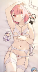 1girl absurdres arm_up armpits blurry bra breasts bright_pupils character_doll cloba depth_of_field emilia_(re:zero) eyes_visible_through_hair garter_belt hair_ornament hair_over_one_eye heart heart_o-ring heart_ring_top highres lingerie looking_at_viewer lying natsuki_subaru navel o-ring on_back panties pink_hair puck_(re:zero) ram_(re:zero) re:zero_kara_hajimeru_isekai_seikatsu red_eyes rem_(re:zero) short_hair small_breasts solo stomach thighhighs underwear underwear_only white_bra white_garter_belt white_panties white_pupils white_thighhighs x_hair_ornament