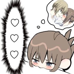 1girl absurdres ajft52o4jw30403 blush brown_hair chibi close-up commentary eye_contact food_in_mouth grey_eyes grin hair_between_eyes heart hetero highres imminent_kiss looking_at_another mamiya_takuji medium_hair nose_blush remembering short_hair simple_background smile solo speech_bubble spoken_heart subarashiki_hibi tachibana_kimika tears thought_bubble white_background