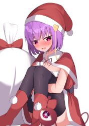 1girl absurdres alternate_costume black_thighhighs blurry blush boots bow capelet commentary convenient_censoring depth_of_field dress embarrassed eyes_visible_through_hair feet_out_of_frame fur-trimmed_capelet fur-trimmed_dress fur_trim gift_bag hair_between_eyes hair_ornament hat heart heart_hair_ornament highres hugging_own_legs jitome kirisame_oreo knees_together_feet_apart knees_up komeiji_satori looking_at_viewer mittens open_mouth pink_eyes pom_pom_(clothes) purple_hair red_boots red_bow red_capelet red_dress red_mittens santa_boots santa_capelet santa_costume santa_dress santa_hat short_hair simple_background sitting solo star-shaped_pupils star_(symbol) straight_hair symbol-shaped_pupils thighhighs third_eye touhou v-shaped_eyebrows white_background