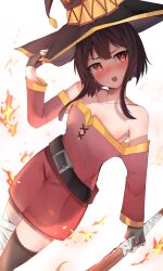 1girl annoyed arm_at_side asymmetrical_legwear bandaged_leg bandages belt black_belt black_gloves black_hat black_thighhighs brown_hair collarbone dot_nose dress embarrassed feet_out_of_frame female_focus fingerless_gloves fire from_above gloves hand_up hat holding holding_staff kono_subarashii_sekai_ni_shukufuku_wo! long_sleeves looking_at_viewer meemz_a megumin multicolored_hat off-shoulder_dress off_shoulder open_mouth petite red_dress red_eyes red_hat short_hair_with_long_locks simple_background solo staff standing teeth thighhighs tsundere two-tone_dress upper_teeth_only white_background witch_hat yellow_dress yellow_hat