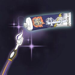 Rule 34 | archaludon, black background, blurry, bokeh, character print, chinese commentary, commentary request, depth of field, drayton (pokemon), highres, nintendo, no humans, pokemon, pokemon sv, sparkle, toothbrush, toothpaste, tube, zhen xionggui