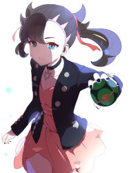 1girl absurdres alternate_hairstyle arm_up asymmetrical_bangs black_choker black_hair black_jacket black_nails blue_eyes choker creatures_(company) dress dusk_ball earrings flat_chest floating_hair game_freak hair_ribbon highres holding holding_poke_ball jacket jewelry looking_at_viewer luciva0303 marnie_(pokemon) nintendo parted_lips pink_dress poke_ball pokemon pokemon_swsh ribbon simple_background smile solo stud_earrings twintails undercut white_background