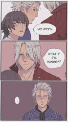 ... 1girl 2boys black_hair blue_coat blue_eyes coat dante_(devil_may_cry) devil_may_cry_(series) green_eyes heterochromia highres jumpoon lady_(devil_may_cry) multiple_boys red_coat red_eyes scar scar_on_face scar_on_nose speech_bubble sweatdrop vergil_(devil_may_cry) white_hair