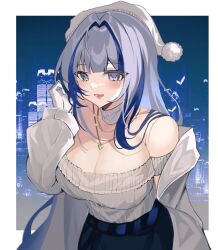Rule 34 | 1girl, :d, bare shoulders, blue hair, breasts, choker, city, cleavage, commentary request, girls&#039; frontline, girls&#039; frontline neural cloud, gloves, grey choker, grey hair, grey sweater, hubble (lovely star-dusted night) (neural cloud), hubble (neural cloud), jewelry, komuer, large breasts, long hair, long sleeves, looking at viewer, multicolored hair, necklace, off-shoulder sweater, off shoulder, open mouth, pom pom (clothes), purple eyes, ribbed sweater, smile, solo, streaked hair, sweater, upper body, white gloves, white headwear