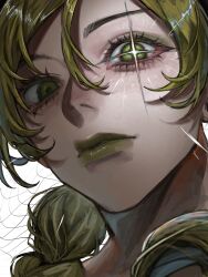 1girl adai_(art_adai) braid commentary green_eyes green_hair green_lips hair_between_eyes highres jojo_no_kimyou_na_bouken kuujou_jolyne long_hair multicolored_hair single_braid solo stone_ocean two-tone_hair