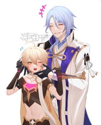 2boys aether_(genshin_impact) black_gloves blonde_hair blue_hair blush braid breasts closed_eyes closed_mouth collar crop_top earrings face_hold genshin_impact gloves hair_between_eyes hair_ornament highres holding japanese_clothes jewelry kamisato_ayato long_hair long_sleeves male_focus mole mole_under_mouth multiple_boys open_mouth oxygen_(0220) ribbon short_hair single_braid tassel teeth tongue upper_body white_background yaoi yellow_eyes