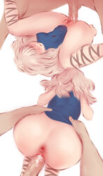 1boy 1girl anus ass blue_shirt blunt_bangs blush dungeon_meshi elf faceless faceless_female from_behind hands_on_another&#039;s_hips highres long_hair lying milsiril_(dungeon_meshi) multiple_views navel on_back penis pointy_ears pov pussy pussy_juice scar scar_on_arm scar_on_leg sex shirt shpo simple_background thighs vaginal white_background white_hair
