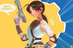 1girl animification blood blood_on_clothes blood_on_face brown_eyes brown_hair elbow_pads english_text fallout fallout_(prime_video) finger_on_trigger gun hair_behind_ear hand_on_own_hip handgun joong_beak looking_at_viewer low_ponytail lucy_maclean parted_bangs pip_boy ponytail smile solo speech_bubble tank_top weapon white_tank_top
