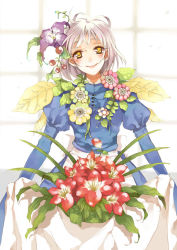 00s 1girl blush bob_cut cowboy_shot dress earrings female_focus flower howl_no_ugoku_shiro jewelry plant sarachi_yomi short_hair skirt_basket smile solo sophie sophie_(howl_no_ugoku_shiro) sophie_hatter stud_earrings studio_ghibli white_hair window yellow_eyes