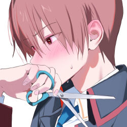 Rule 34 | 1boy, black jacket, blue necktie, blush, brown eyes, brown hair, close-up, collared shirt, commentary request, ear blush, embarrassed, eyes visible through hair, from side, hair between eyes, hand up, highres, holding, holding scissors, jacket, little busters!, little busters! school uniform, looking ahead, male focus, miiizuno lbs, natsume kyousuke, necktie, nose blush, profile, school uniform, scissors, shirt, short hair, simple background, solo, tsurime, white background, white shirt