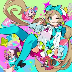 Rule 34 | 1girl, 3:, absurdres, album cover, barefoot, bead bracelet, beads, blue bow, blue eyes, blue leggings, blue nails, bow, bow hairband, bow legwear, bracelet, brown hair, commentary request, cover, detached leggings, frills, green pupils, hair tie, hairband, highres, holding, holding own hair, jewelry, kurumitsu, leggings, lightning bolt symbol, long hair, looking at viewer, nail polish, one eye closed, original, partial commentary, pink bow, pink nails, shirt, solo, stuffed toy, twintails, very long hair