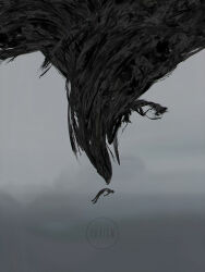 2others creature dkaism falling fog full_body grey_background greyscale monochrome multiple_others original outstretched_arm painterly reaching reaching_towards_another silhouette simple_background size_difference