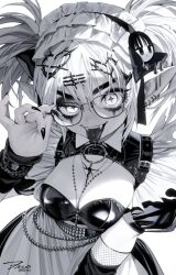 1girl :p adjusting_eyewear apron arm_warmers belt between_breasts bow bracelet breasts chain character_print cowboy_shot cross cross-shaped_pupils cross_necklace eyelashes eyeshadow fangs fishnet_sleeves fishnets frilled_hairband frills glasses gothic_lolita hair_bow hair_ornament hairband hairclip hand_on_eyewear hand_up heart heart_hair_ornament jewelry latex lolita_fashion maid maid_headdress makeup medium_breasts monochrome multiple_rings necklace o-ring open_mouth original piercing puffy_short_sleeves puffy_sleeves ring rosary short_sleeves sidelocks signature solo studded_belt symbol-shaped_pupils tongue tongue_out tongue_piercing twintails twitter_username uneven_eyes waist_apron white_hair wolrero