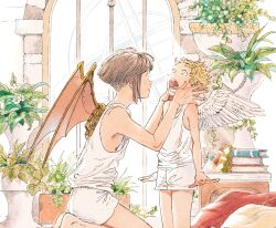 2others androgynous angel_wings artificial_wings blonde_hair blue_eyes book book_stack brown_hair child feathered_wings highres indoors kuroimori multiple_others open_mouth original other_focus plant potted_plant short_hair shorts tank_top teeth very_short_hair vines white_tank_top white_wings window wings