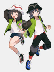 1boy 1girl absurdres black_eyes black_hair black_hat black_pants black_shoes black_shorts blue_shoes collarbone elio_(pokemon) fua1heyvot4ifsr green_jacket grey_background hat highres holding holding_poke_ball jacket long_sleeves looking_at_viewer nintendo one_eye_closed open_mouth pants poke_ball pokemon pokemon_sm selene_(pokemon) shirt shoes short_hair shorts simple_background sneakers socks teeth upper_teeth_only white_hat white_shirt white_socks