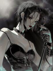 1girl bare_shoulders beks_hd0 belt belt_collar black_background black_belt black_eyes black_hair black_nails breasts cigarette cleavage collar dress ear_piercing earrings eyelashes fingernails fog gradient_background highres holding holding_cigarette holding_microphone jewelry korean_commentary lipstick looking_at_viewer makeup medium_breasts microphone nail_(hardware) nana_(series) osaki_nana pale_skin parted_bangs parted_lips piercing red_lips short_hair sidelocks sleeveless sleeveless_dress smoke solo strap_slip upper_body