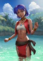 1girl abs aki5432109876 backlighting bandeau bare_shoulders belt blue_gemstone blue_sky blunt_ends bob_cut bracelet breasts brown_belt brown_sash cloud collarbone commentary cowboy_shot cropped_vest cumulonimbus_cloud curled_fingers dark-skinned_female dark_skin day earrings foliage forest fushigi_no_umi_no_nadia gem gold_bracelet gold_earrings grass hair_ornament hairclip hand_up head_tilt hoop_earrings jewelry lake looking_at_viewer midriff nadia_la_arwall nature navel neck_ring necklace open_clothes open_vest outdoors outstretched_arms paid_reward_available palm_tree parted_lips partially_submerged pelvic_curtain pendant purple_hair red_skirt red_vest reflection short_hair skirt sky sleeveless small_breasts smile solo sparkle standing strapless toned toned_female tree tube_top vest wading water wet wet_clothes wet_skirt white_bandeau