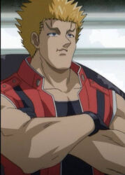 Rule 34 | 1boy, black gloves, black shirt, blonde hair, blue eyes, gloves, kitsukawa shougo, male focus, muscular, muscular arms, muscular male, shijou saikyou no deshi ken&#039;ichi, shirt
