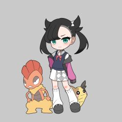 Rule 34 | 1girl, asymmetrical bangs, black choker, black hair, bow, bowtie, cardigan vest, choker, closed mouth, gen 5 pokemon, gen 8 pokemon, green eyes, grey background, hair bow, hand on own hip, highres, jacket, marnie (academy) (pokemon), marnie (pokemon), miniskirt, morpeko, morpeko (full), nana (eyzy2454), nintendo, official alternate costume, pokemon, pokemon (creature), pokemon masters ex, purple jacket, red bow, red bowtie, school uniform, scrafty, simple background, skirt, socks, undercut, white socks