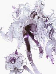 1girl 1other ahoge bandage_over_one_eye chest_protector detached_sleeves drone greyscale hair_ornament highres long_hair monochrome navel no._21:_xxi_(pgr) no._21_(pgr) no._21&#039;s_buddy_(pgr) non-humanoid_robot pantyhose punishing:_gray_raven robot sidelocks sleeves_past_fingers sleeves_past_wrists syookyo torn_clothes torn_pantyhose very_long_hair x_hair_ornament