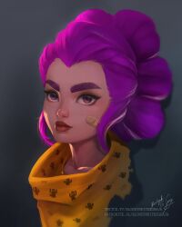 1girl bandaid bandaid_on_face blondynkitezgraja brawl_stars cactus_print closed_mouth collarbone commentary english_commentary eyelashes freckles grey_background highres purple_eyes shelly_(brawl_stars) short_hair simple_background solo twitch_username upper_body watermark web_address
