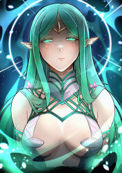 1girl absurdres ailheim bare_shoulders breasts center_opening closed_mouth fire_emblem fire_emblem_awakening glowing glowing_eyes green_eyes green_hair half-closed_eyes highres long_hair looking_at_viewer medium_breasts naga_(fire_emblem) nintendo parted_bangs pointy_ears solo upper_body