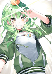Rule 34 | 1girl, breasts, choker, commentary request, criss-cross halter, food, food on head, fruit, fruit on head, green choker, green hair, green jacket, green nails, halterneck, highres, jacket, jewelry, long hair, mandarin orange, necklace, object on head, original, partially unzipped, shirt, small breasts, solo, star-shaped pupils, star (symbol), symbol-shaped pupils, three-quarter sleeves, upper body, usalxlusa, w, white shirt, yellow eyes, zipper, zipper pull tab