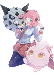 1girl :d ajinoe collared_shirt commentary coral_(pokemon) fang gen_3_pokemon glalie grey_eyes hands_up necktie nintendo open_mouth orange_necktie orange_shorts pantyhose pink_hair pokemon pokemon_(anime) pokemon_(creature) pokemon_horizons ribbon school_uniform scream_tail shirt shorts simple_background skin_fang smile white_background wrist_ribbon